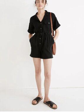 Madewell Black Lightspun Short Sleeve Belted Safari Romper in Women's Large
